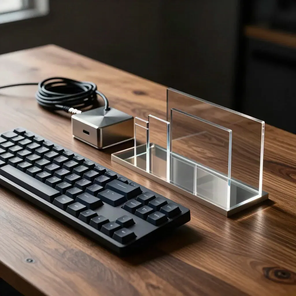 Stillleben mit Tastatur, Kabel, Hub und Acryl-Rechtecken auf Walnuss.