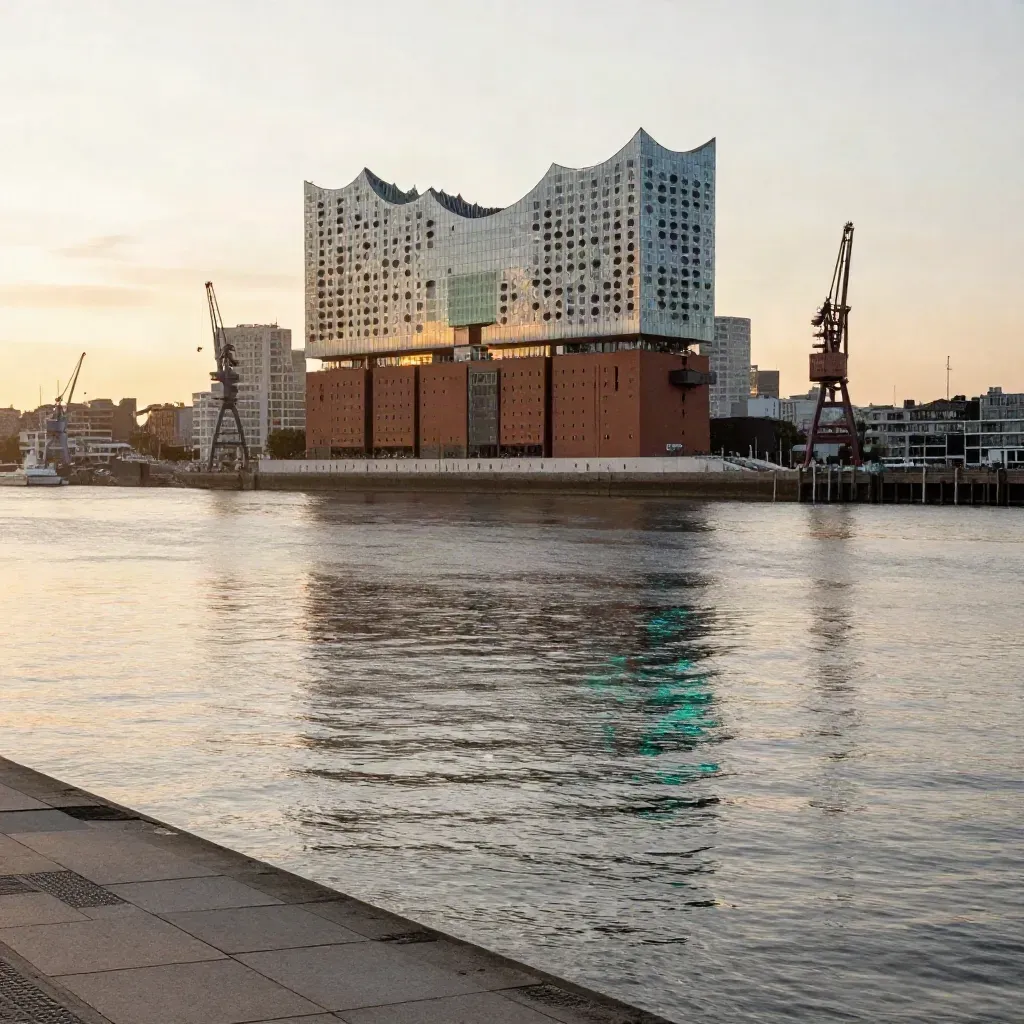 Hamburg mit Elbphilharmonie und Hafenkränen über ruhigem Wasser im Abendlicht